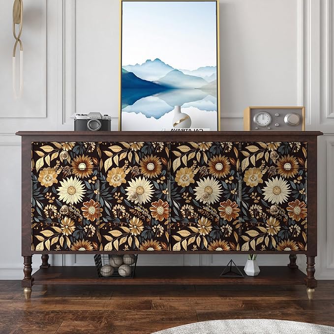 Boho Floral Wallpaper Peel and Stick, Vintage Dark Sunflower Contact Paper for Bathroom Cubicle Drawer, Retro Abstract Removable Antique Flower Wall Paper Art Decor Black Orange 17.5" x 118"
