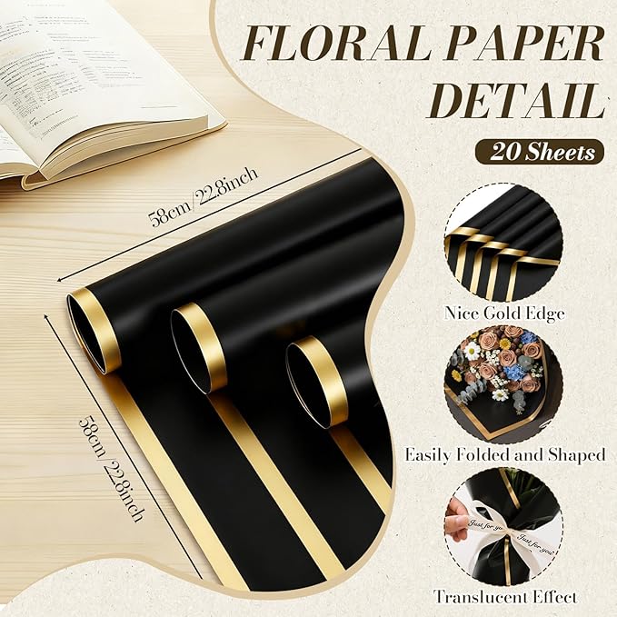 Tuojecuk Flower Bouquet Wrapping Paper, 20 Sheet Waterproof Floral Bouquet Wrapping Paper, Florist Supplies Packaging Paper for Wedding Birthday Gift (Black)