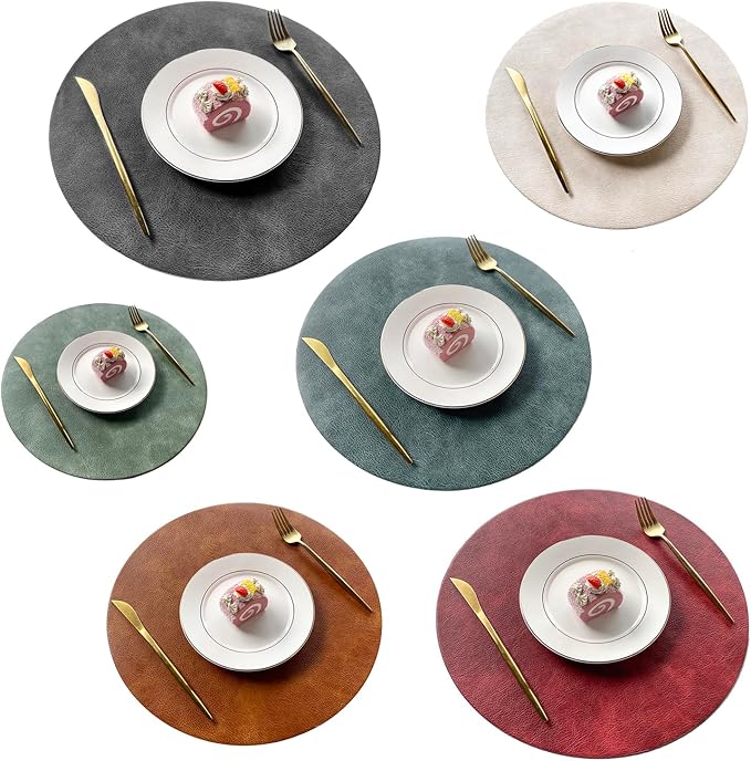 UnivoColors PU Leather Placemats Set of 6,15" Round Washed Cowhide Pattern Table Mats for Dining Table, Kitchen, Party Decoration(Black+Blue+Green+Reddish Brown+Red+Beige)