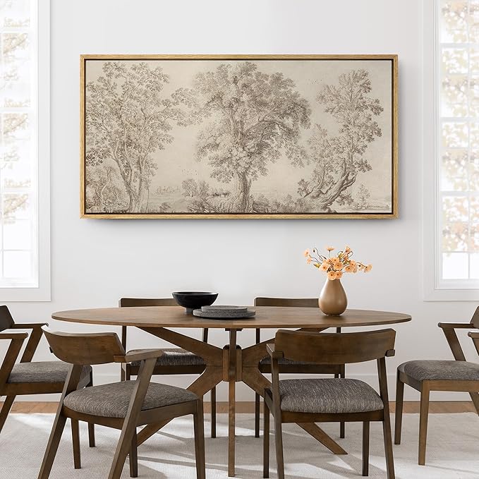 SIGNFORD Extra Large Framed Canvas Print Wall Art Vintage Arboreal Trees in an Etching Illustrations Modern Art Relax/Calm Warm for Living Room, Bedroom, Office - 60"x30"