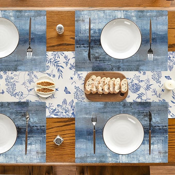 Abstract Blue and Grey Art Placemats Set of 4, Placemats for Dining Table,Heat Resistant Stain Resistant Wipeable Table Mats for Kitchen Dining Holiday Party Home Decor,12x18 Inch
