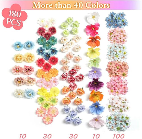 180Pcs Mini Fake Flower Heads Multicolor Small Silk Faux Flower Heads Artificial Rose Daisy Flowers Bulk for Cake Crafts DIY Graduation Cap Wedding Hair Dresses Wreath Party Home Decor