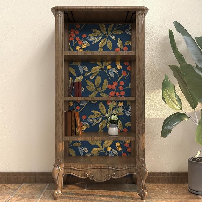 Navy Blue Floral Wallpaper Peel and Stick, Vintage Contact Paper 17.5" x 118", Dark Leaf Botanical Boho Wall Paper Self Adhesive Waterproof Removable for Room Shelve Cabinet Drawer Table Decor
