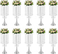 10 Pack Acrylic Crystal Flower Vases, Trumpet Shape Centerpiece with Hand-Strung Beads, Flower Stand Wedding Centerpieces on Floor for Wedding Aisle Decor, Event Centerpieces Decoration (Silver)