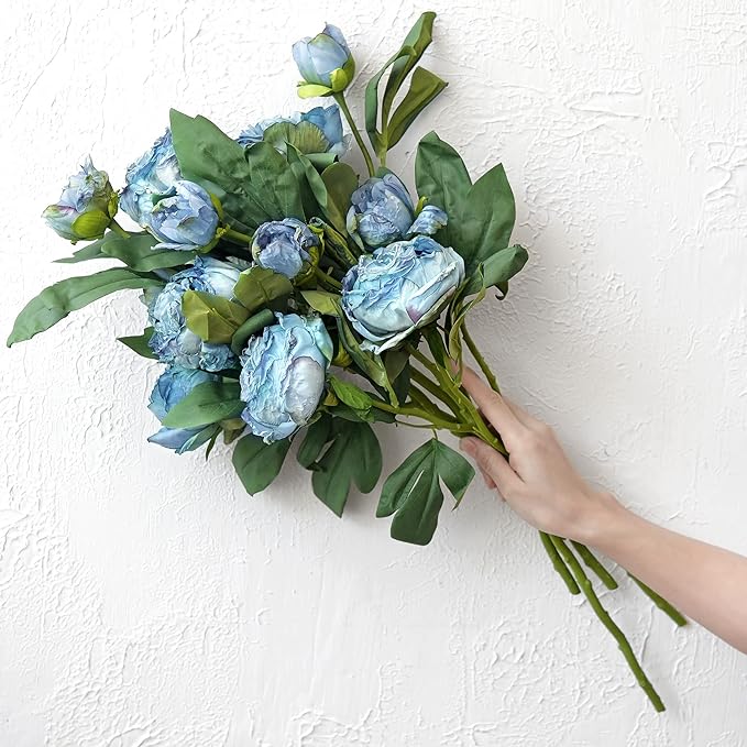 FiveSeasonStuff Vintage Dusty Blue Peonies – Realistic Artificial Silk Flowers with Dry-Look Petals, 6 Stems for Rustic Home & Wedding Bridesmaids Bouquet Bridal Showers