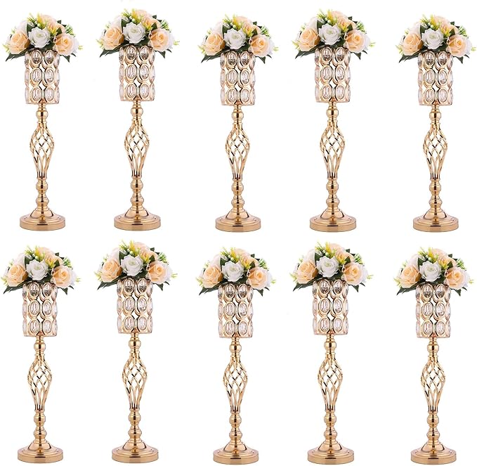 Set of 10 Metal Diamond Crystal Wedding Centerpiece Vases for Tables, 24in Gold Versatile Tall Flower Holders Centerpiece Flower Stands for Wedding Party Reception Dining Room Living Room Décor