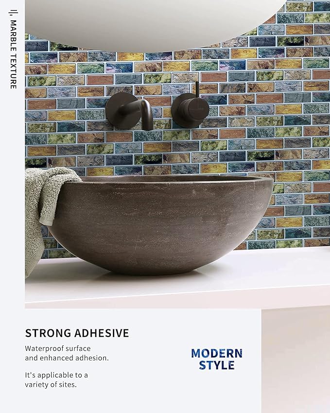 Art3d 10-Piece Peel & Stick Kitchen/Bathroom Backsplash Tiles, 12" X 12" Colorful Marble Tile Design