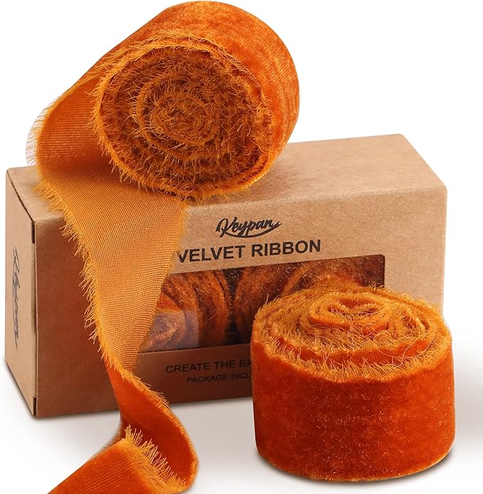 Velvet Ribbon for Gift Wrapping Terracotta Handmade Fringe Ribbons for Crafts Bouquet Fall Decorations 2 Rolls 1 1/2 Inch x 2 Yd (4 Yards Total)