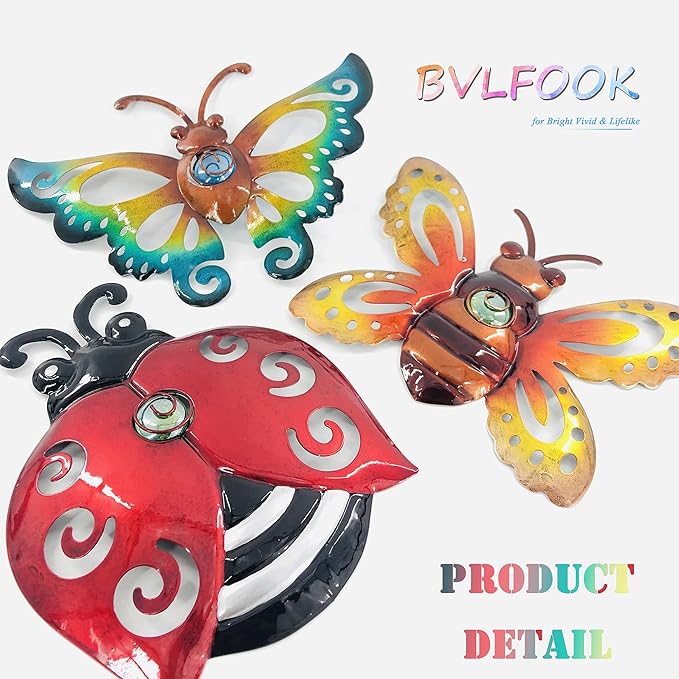 Garden Decor Clearance Butterfly Ladybug Bee Metal Wall Art Decor, Wall Christmas Decoration Hanging for Home Garden Porch Patio Balcony Ornament for Outdoor Christmas Gift, 3 Pack 9 Inch