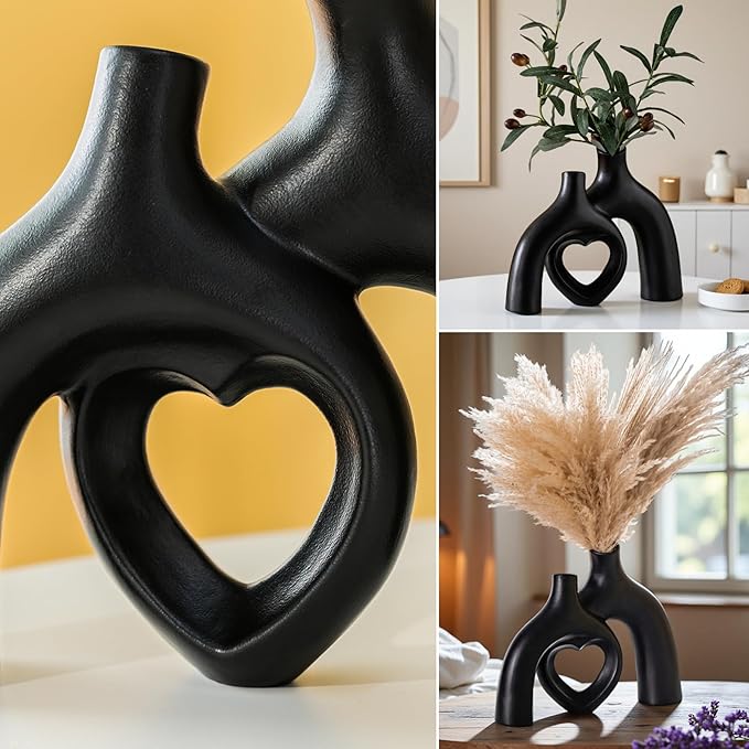 Hug Donut Ceramic Decorative Vase Set, Snuggle Hollow Modern Nordic Boho Style Vases for Home Decor Living Room Shelf Bookshelf Mantle Entryway Table Console Décor (Matte Black)