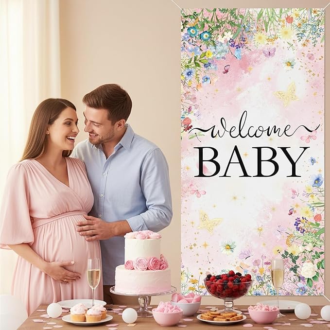 Wildflower Baby Shower Decorations Banner - Floral Welcome Baby Door Banner Party Supplies, Flower Theme Photo Background for Birthday Baby Shower Gender Reveal (72.8 x 35.4 inch)