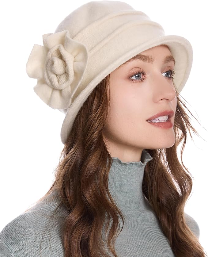 ZLYC Women Wool Cloche Bucket Hat 1920s Vintage Dress Winter Hats with Flower Accent