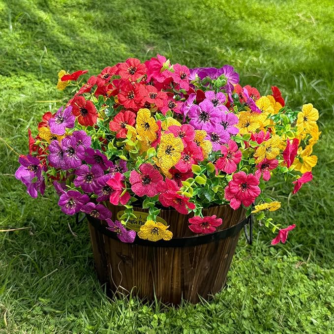 12 Bundles Artificial Flowers for Outdoor,4 Color No Fade UV Resistant Fake Flowers,Faux Plants for Outside Hanging Planters,Artificial Plants for Indoor Porch Garden Home Wedding Decor