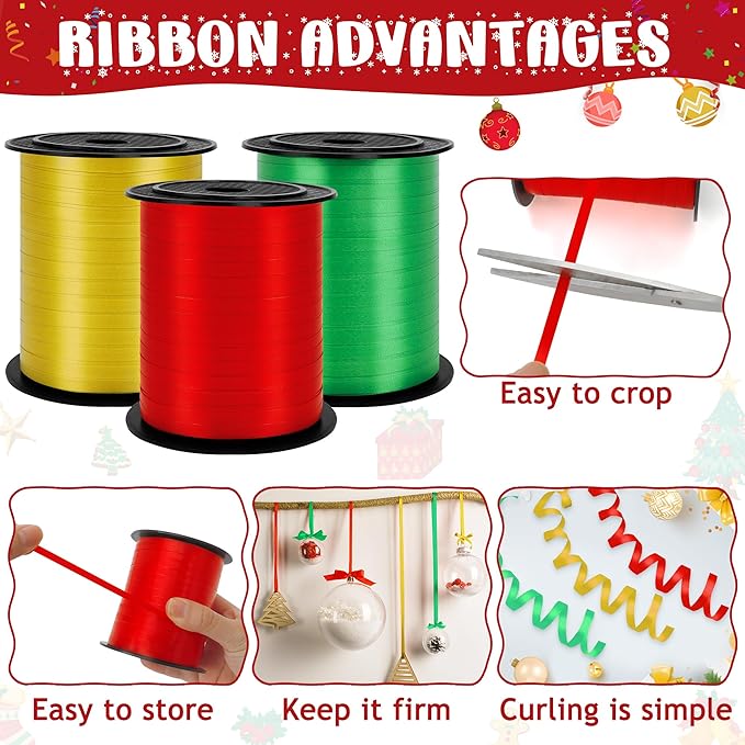600 Yards Christmas Ribbon Curling, 3 Rolls Christmas Party Decorations, 1/5 Inches Holiday Ribbon, Plastic Ribbons for Crafts Present Wrapping Green Gold Red Curling Ribbon Party Balloon String