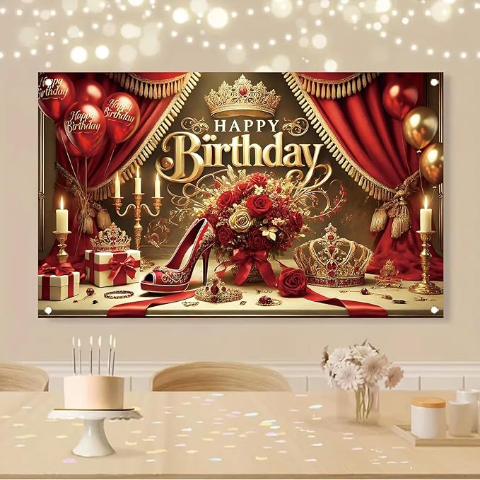 Starlit Patio Red High Heel Backdrop for Woman's Birthday Party, 71 x 43 Inch, Polyester Fabric