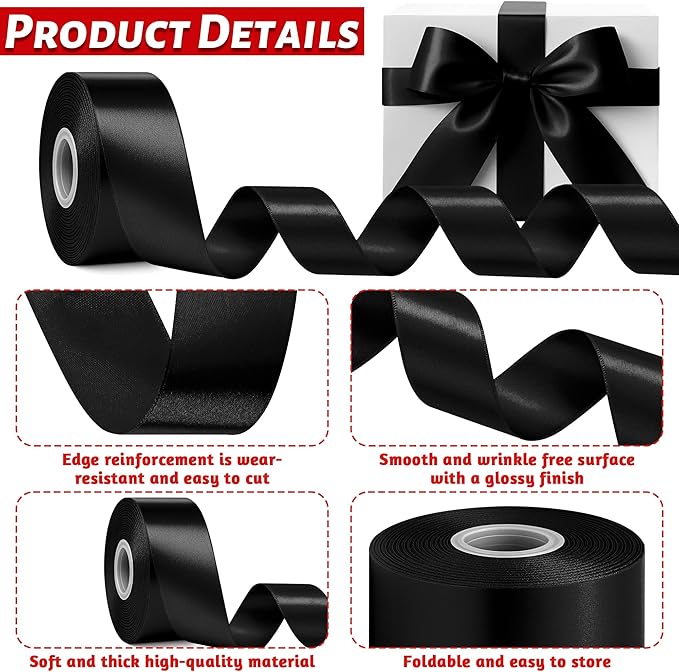 Fullive 1 1/2 Inch Black Ribbon, 30 Yards Black Ribbon for Gift Wrapping, Solid Polyester Satin Halloween Ribbons for Graduate Halloween Decorations DIY Hair Bows Floral Arrangements Wrapping Bouquet
