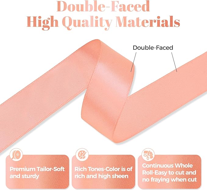 Peach Satin Ribbon, Double Faced 7/8 Inch X 50 Yards, Premium Satin Ribbon for Gift Wrapping, Crafts, Hair Bow Making, Sewing, Flower Bouquet, Wedding Party Decor