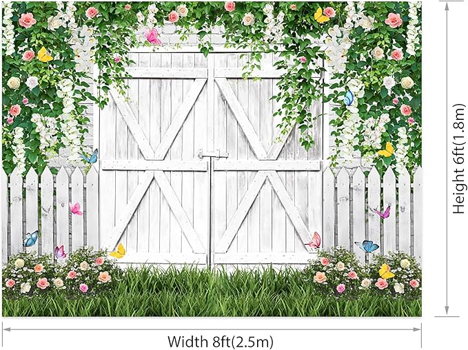 AOFOTO White Barn Door Floral Backdrop 8x6ft Spring Garden Background Banner Green Leaves Flowers Butterfly Wooden Door Backdrops Birthday Bridal Shower Wedding Banner Photo Booth Studio Props