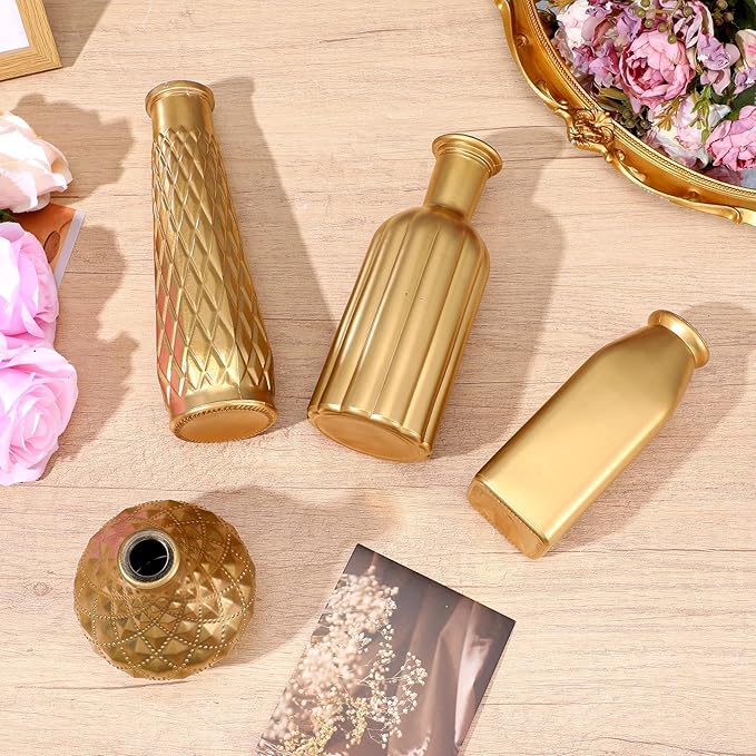 Set of 4 Gold Bud Vases - Small Gold Vases for Centerpieces, Elegant Glass Decorative Bud Vase for Wedding, Home, Table Decor with Vintage Golden Finish