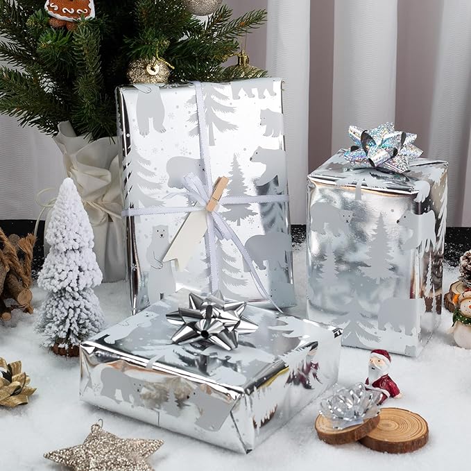 MAYPLUSS Foil Gift Wrapping paper Roll - 17 Inch X 33 Feet - Elegant Silver Christmas Seasonal Festive Gift Wrap Bear w/Glossy Foil-Like Shine Pattern for Christmas, Holiday, Birthday and Art Crafts