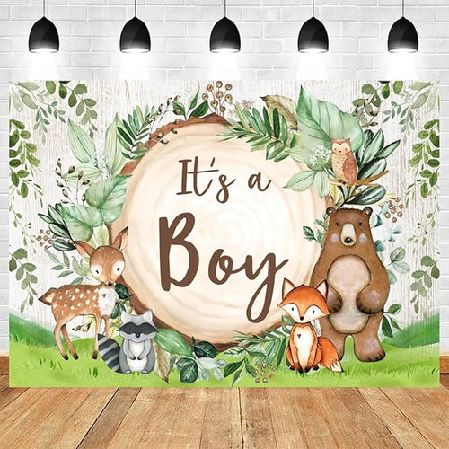 10x6.5ft Woodland Baby Shower Backdrop It's a Boy Photography Background Jungle Green Grass Safari Animals Bear Fox Baby Boys Party Banner Decorations Newborn Portrait Photo Booth Prop