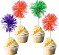 Gyufise 30Pcs Foil Firework Cupcake Toppers Sparkle Tinsel Cake Toppers Tinsel Drink Cake Decoration Cocktail Picks for Halloween Birthday Wedding Graduation Party Supplies Purple Green Orange