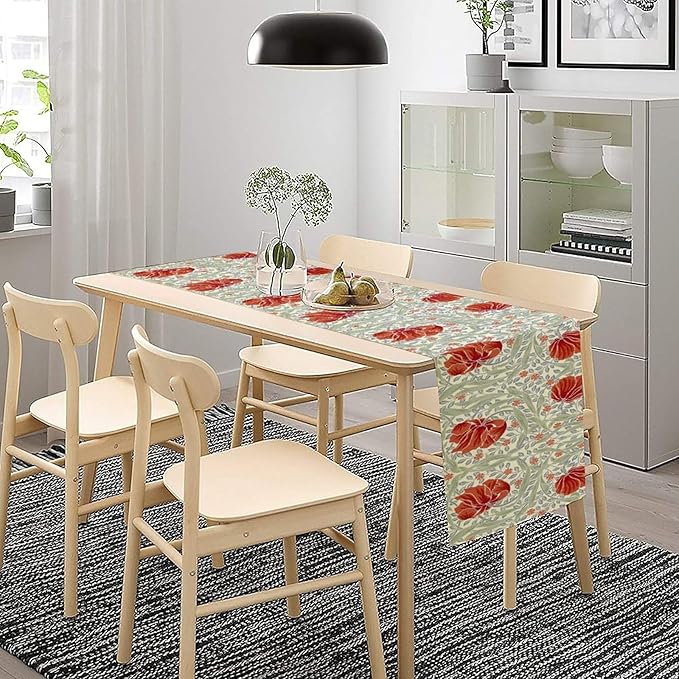 William Morris Table Runner, Retro Red Flowers Green Botanical Country Farmhouse Tabletop Decoration for Kitchen Dining Home Party 13x60 Inch