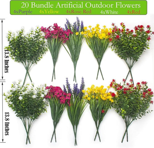 20 Bundles Artificial Flowers for Outdoors, UV Resistant Fake Plants, Faux Plastic Flowers for Home, Window Box, Porch, Indoor, Cemetery, Fall, Summer Decor