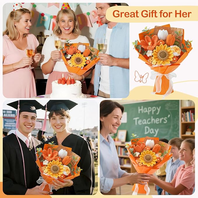 Cilimnas Crochet Flower Bouquet,Orange Knitted Flowers, Handmade Sunflowers Tulips Roses Bouquet for Birthday Anniversary Party Mother's Day Graduation Gifts