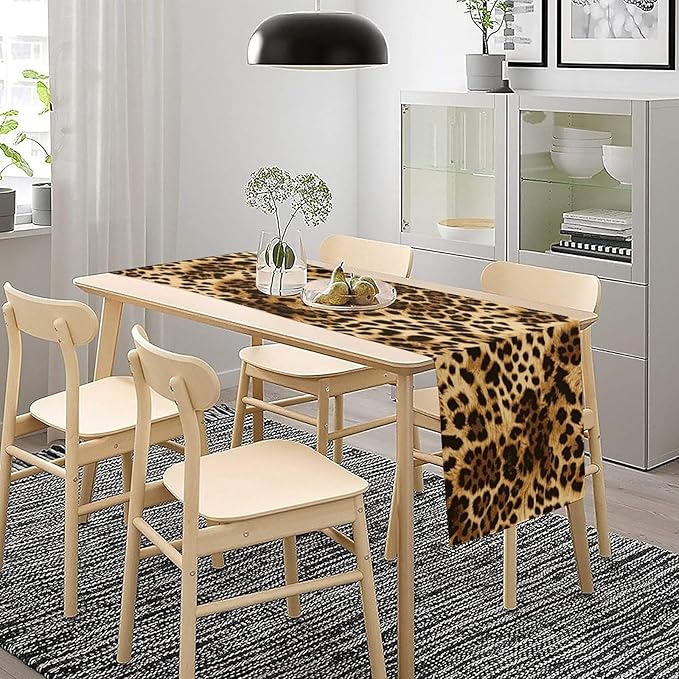 Leopard Skin Print Table Runner, Vintage Cottage Country Farmhouse Wildlife Safari Animal Skin Dinner Runner for Home Kitchen Dining Table Party Holiday Decor 13x60in