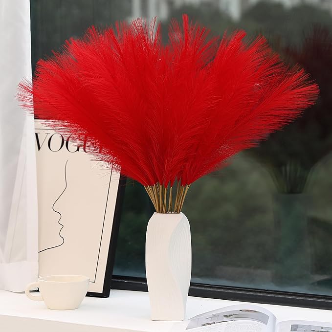 Red Pampas Grass Decor - 30pcs 24 Inch Short Artificial Pampas Grass Decor, Fake Pompas Floral for Vase Filler, Wedding Flower Arrangement, Party and Home Decor (Red)