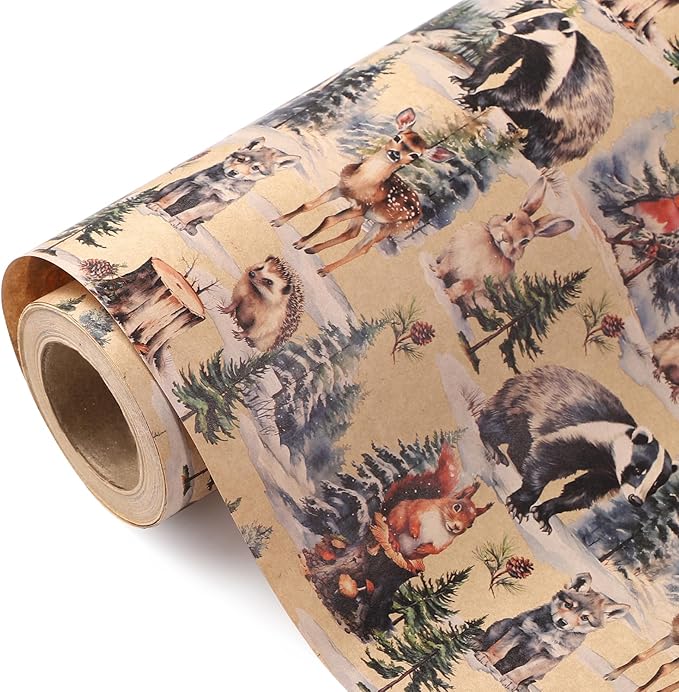 WRAPAHOLIC 30 Inch Kraft Christmas Wrapping Paper - 30 Inch x 33 Feet - Wild Animals Winterfall Watercolor Design for Christmas, Holiday, Party Celebration