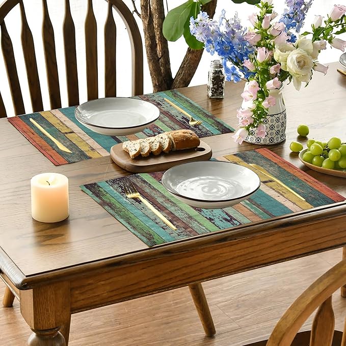 Vintage Colorful Wooden Placemats Set of 4, Placemats Dining Table Mat Set,12x18 Washable Stain Resistant Wipeable Cloth Placemat for Kitchen Buffet Parties
