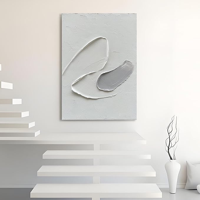 Epicler art Hand-painted White and Grey abstract wall decoration Oil Thick texture Minimalist art 40x28 inches