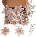 24 Pcs Champagne Boxed Christmas Poinsettia Flowers Set, 16 Pcs Artificial Poinsettias with Clips, 8 pcs Glitter Christmas Tree Ornaments Berry Stems for Wedding Home Holiday Xmas New Year Decorations