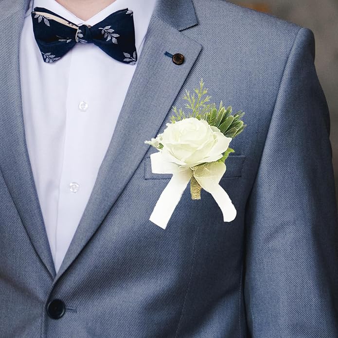 Pack of 2 Ivory Rose Wrist Corsage and Boutonniere Set for Men Women - Artificial Flowers with Pearl Bracelet and Boutonniere Pin for Bride, Groom, Bridesmaids, Groomsmen, Weddings, Prom Accessories