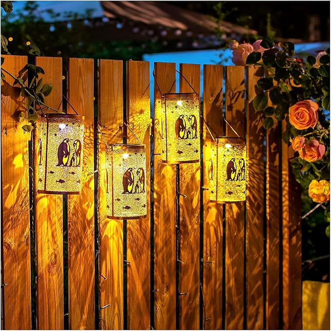 Christmas Gifts for Women Penguin Solar Lanterns Outdoor Waterproof Hanging Solar Lights Penguin Gifts for Women Men Metal Decorative LED Lanterns for Garden Decor,Yard,Patio,Lawn,Tabletop,Pathway