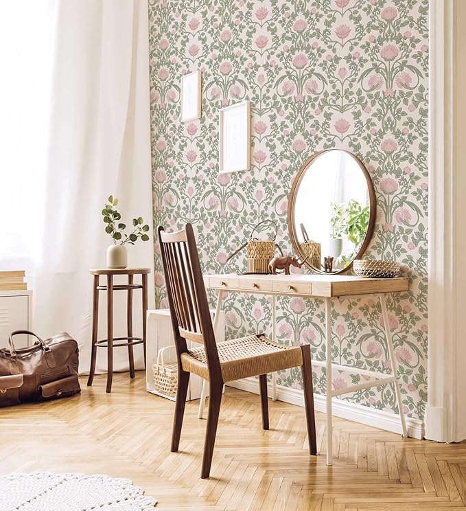 Floral Wallpaper Peel and Stick - 393.7" × 17.3" Pink and Green Wallpaper for Bedroom Decorative Self Adhesive Shelf Drawer Liner
