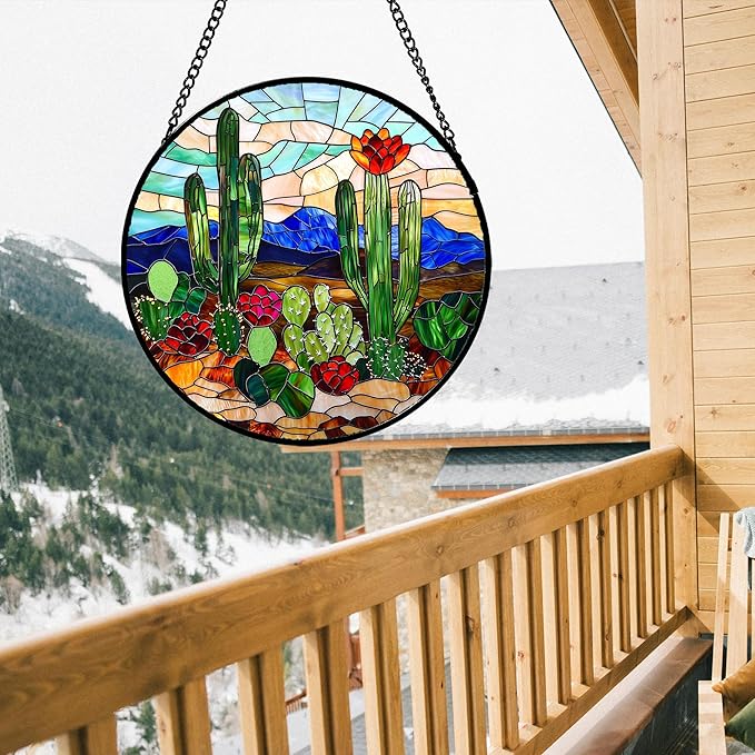 Stained Glass Window Hanging, Green Cactus Suncatcher for Doors Window Home Plant Landscape Sun Catchers Decoration Mother's Day Birthday Gifts for Women, Men, and Mom 11.8 in