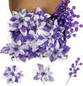 24 Pcs Purple Boxed Christmas Poinsettia Flowers Set, 16 Pcs Artificial Poinsettias with Clips, 8 pcs Glitter Christmas Tree Ornaments Berry Stems for Wedding Home Holiday Xmas New Year Decorations