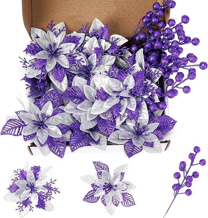 24 Pcs Purple Boxed Christmas Poinsettia Flowers Set, 16 Pcs Artificial Poinsettias with Clips, 8 pcs Glitter Christmas Tree Ornaments Berry Stems for Wedding Home Holiday Xmas New Year Decorations