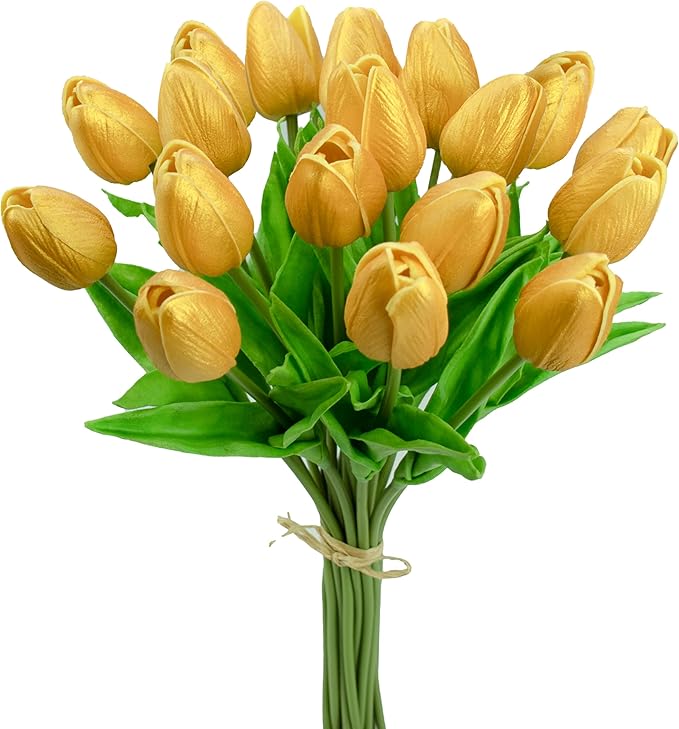 Mandy's Artificial Tulips 20 Stems Gold PU Faux Flowers for Thanksgiving and Christmas Decorations Wedding Home Decor 13.5 Inch