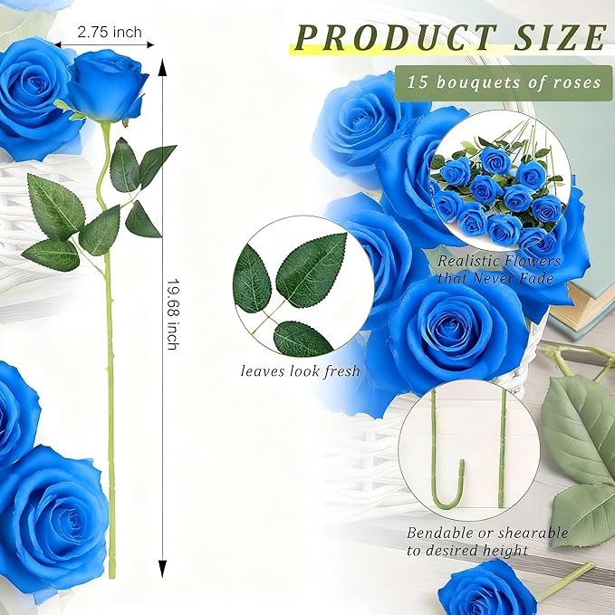 Blue Roses Artificial Flowers 15 PCS, Fake Roses Silk Flowers with Long Stems, Faux Rose for Wedding Centerpieces, Home Decor, Indoor Floral Arrangements, Party Decor, DIY Bouquet (Blue)