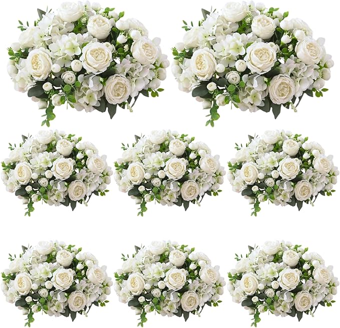 ASTRYAS 8Pcs White Peonies Artificial Flowers Mixed Hydrangea Faux Silk Peony Flowers Fake Floral Arrangement for Centerpiece Table Wedding Party Home Decor Baby Showers