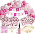 Pink Happy Birthday Decorations, Bow Coquette Birthday Decorations Includes Bow Plates, Napkins, Forks, Cupcake Toppers, Banner Balloons, and Pump Pink Decorations for Party, Serves 20