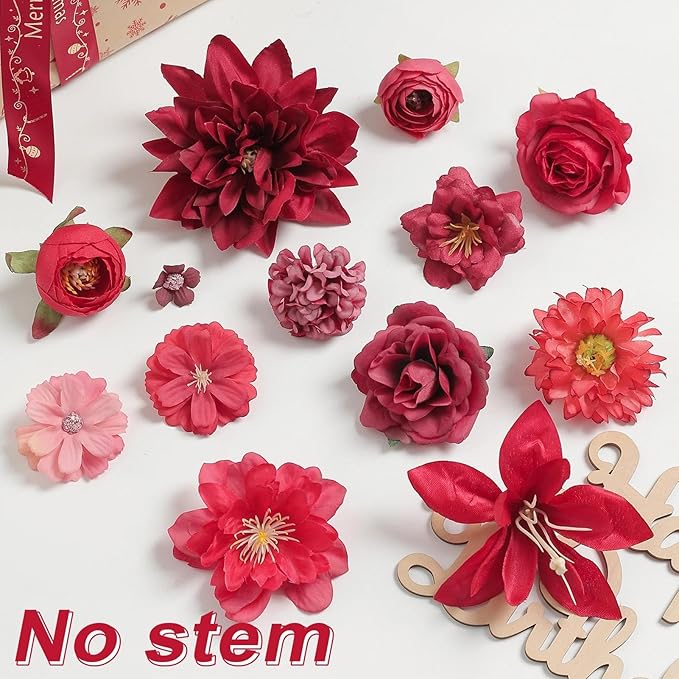 Artificial Flowers Heads Combo Red Flowers Mix Silk Flowers Heads Bulk Faux Rose for Craft Garland Graduation Cap Wedding Bridal Baby Shower Home Party Decoration DIY Cake Decor