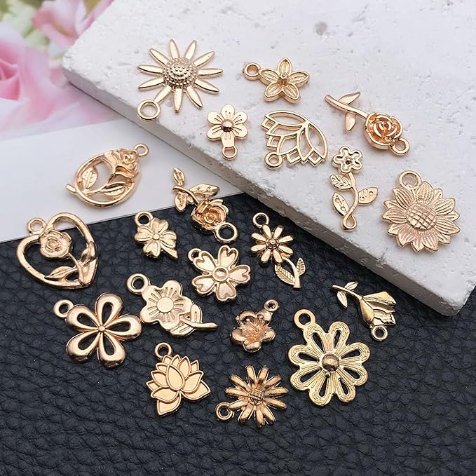 WOCRAFT 60pcs KC Gold Flowers Charms Bracelet Charms for Jewelry Making Sets DIY Necklace Bracelet Keychain Crafting Charms Kit Craft Supplies (SN878)