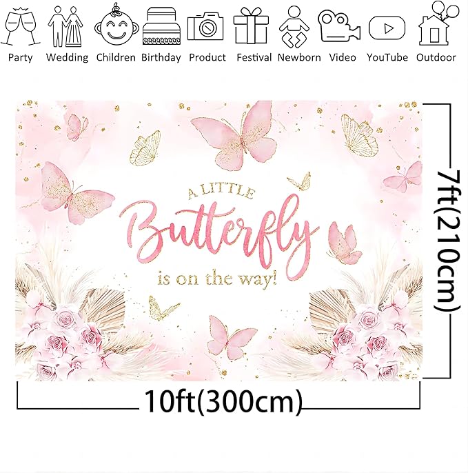 Mocsicka Butterfly Baby Shower Backdrop for Girl's A Little Butterfly is on The Way Pink Florals Flowers Photography Background Princess Girl Party Decoration Photography Props (10x7ft, Pink)
