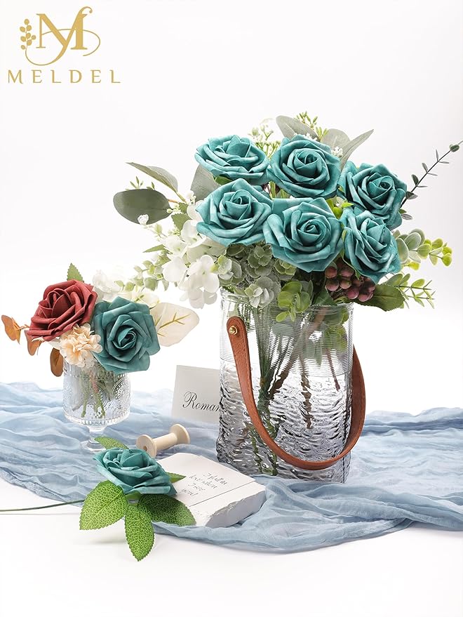 Meldel Artificial Flowers 25pcs Real Looking Dark Teal Foam Fake Roses with Stems for DIY Wedding Bouquets Bridal Shower Centerpieces Floral Arrangements Home Decorations Crafts Rose