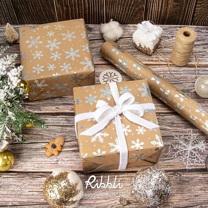 Ribbli Christmas Wrapping Paper, Christmas Iridescent Snowflake Kraft Wrapping Paper Rolls,Mini Roll - 17 Inch x 33 Feet Per Roll, Holiday Presents Decoration